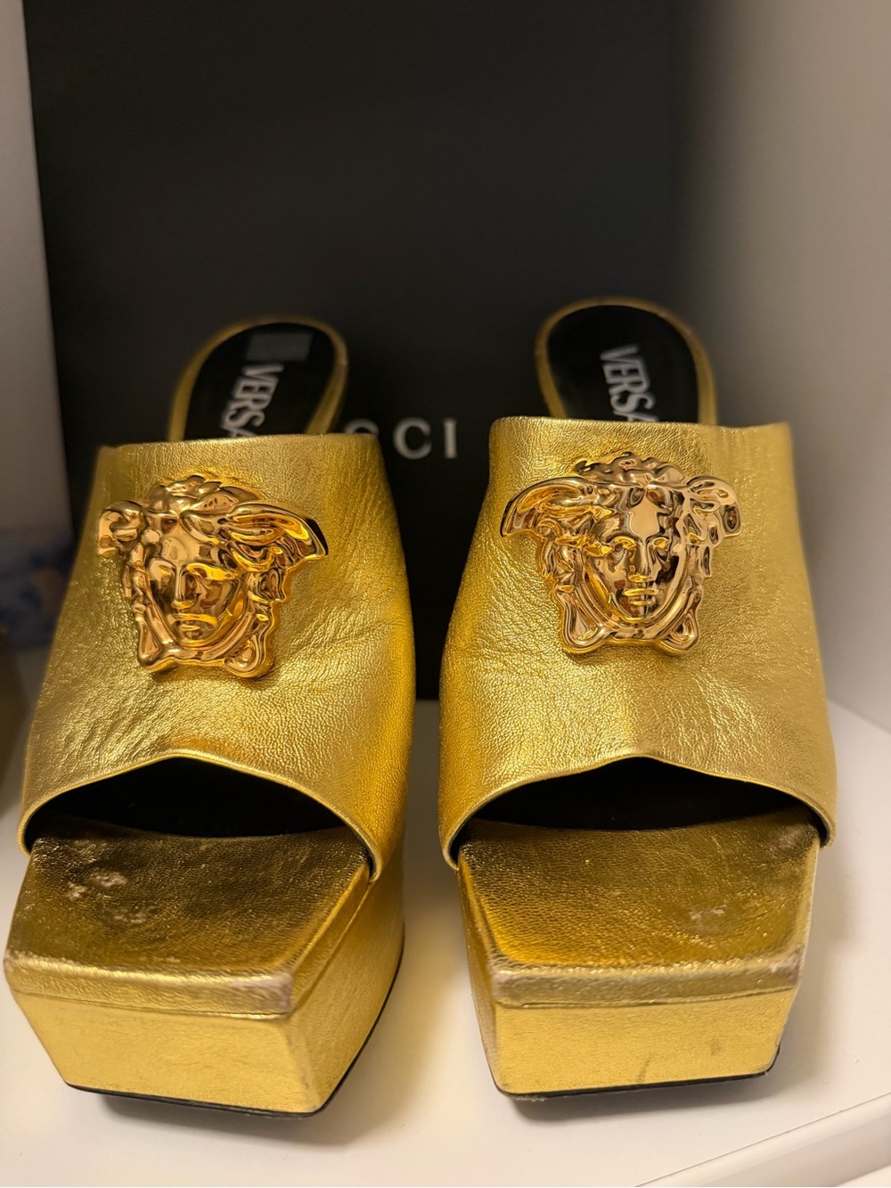 Versace Metallic Gold Medusa Platform Slide Mules Size 6.5 / 36.5 - Picture 5 of 10